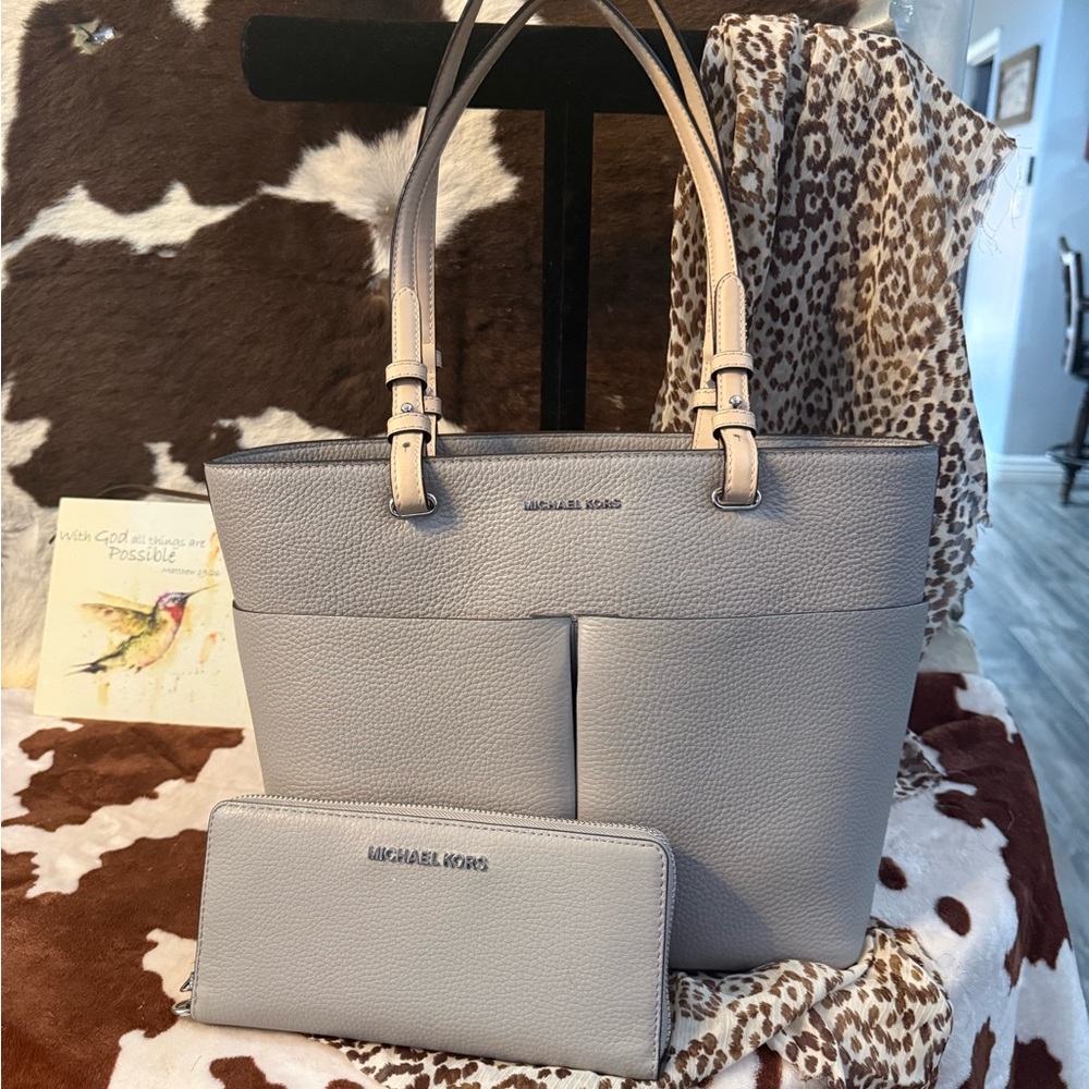 Michael Kors Gray Pebbled Leather Tote with Matching Wallet